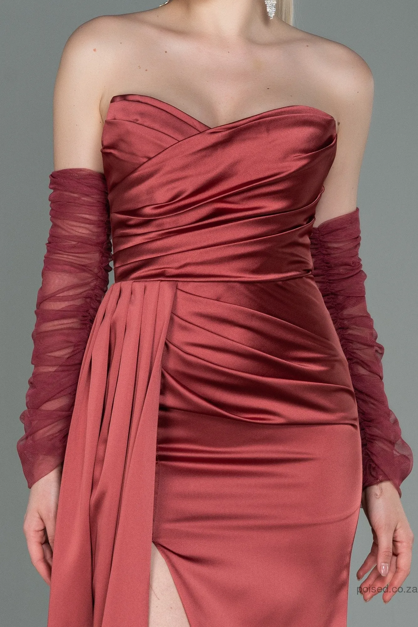 30173 Cinnamond Draped Slit Strapless Dress