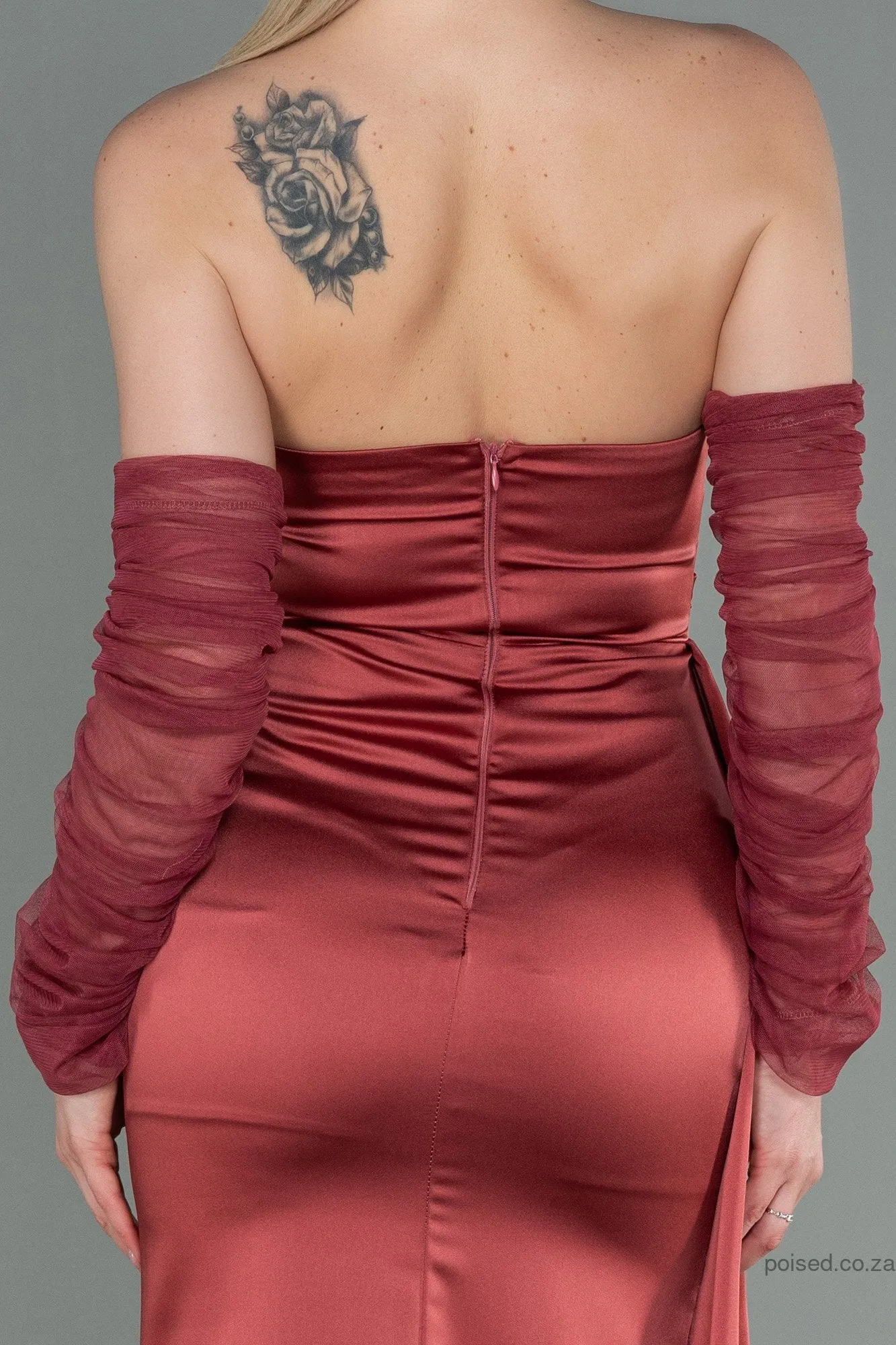 30173 Cinnamond Draped Slit Strapless Dress