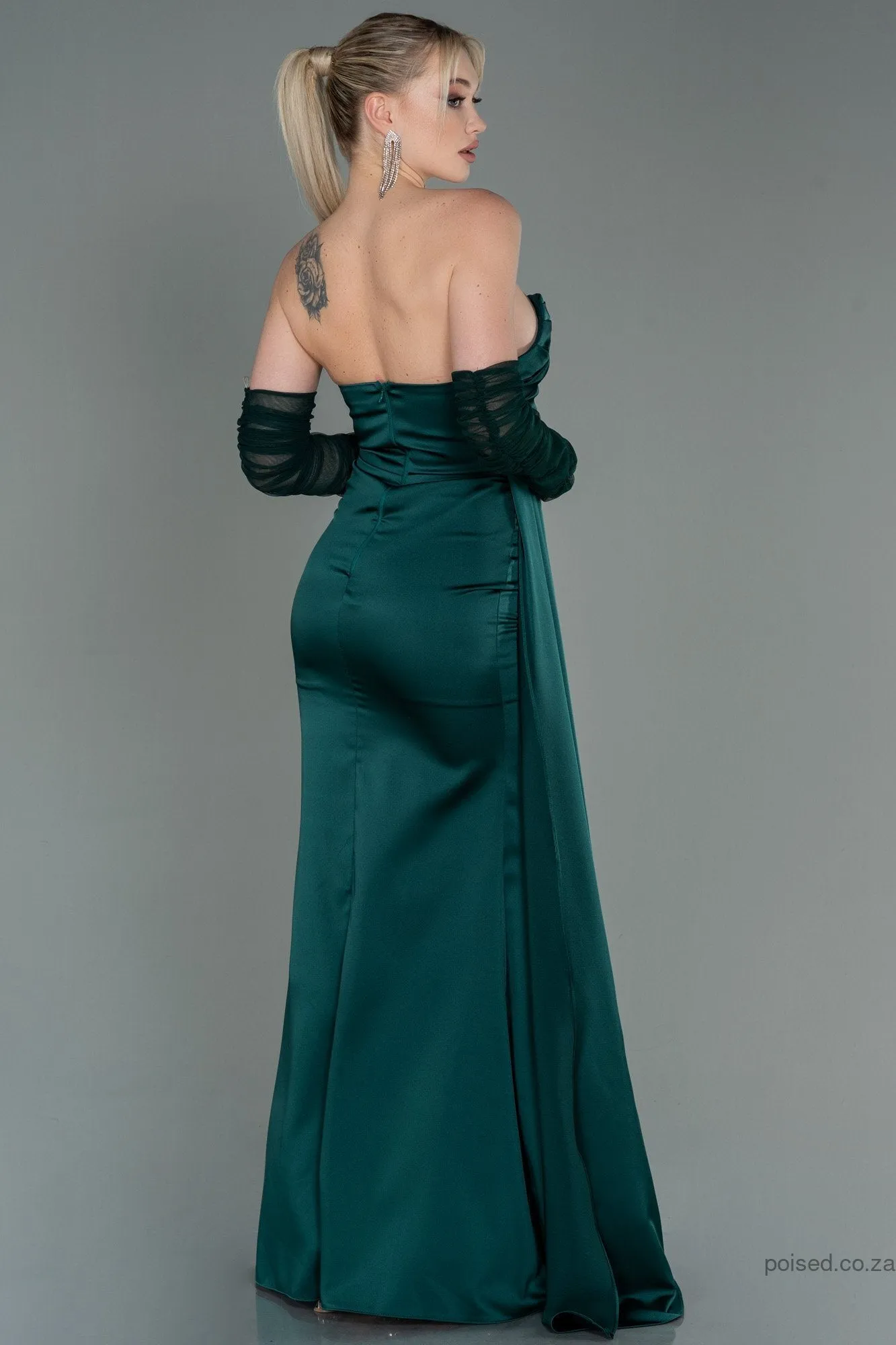 30174 Emerald Green Draped Slit Strapless Dress