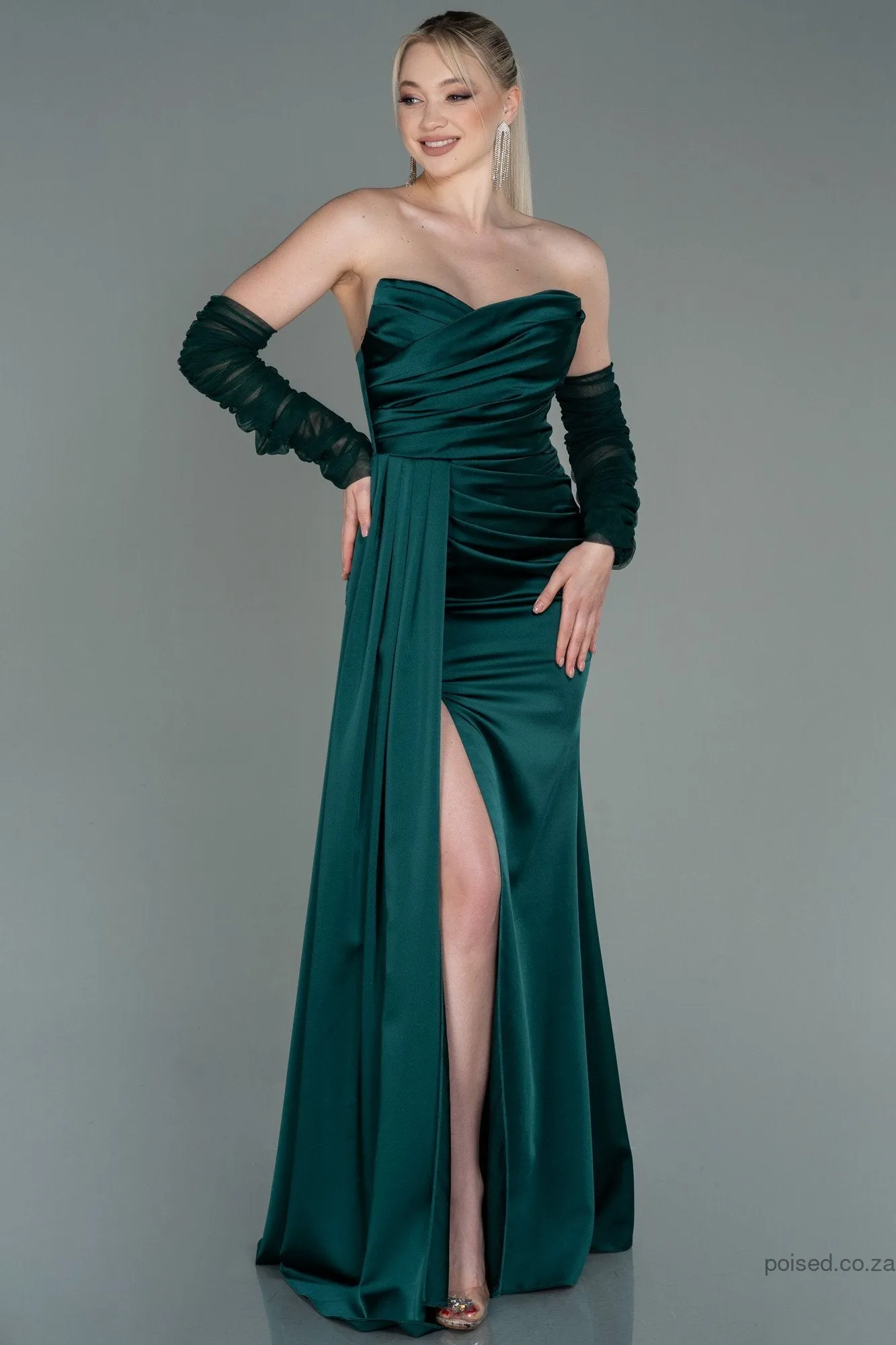 30174 Emerald Green Draped Slit Strapless Dress