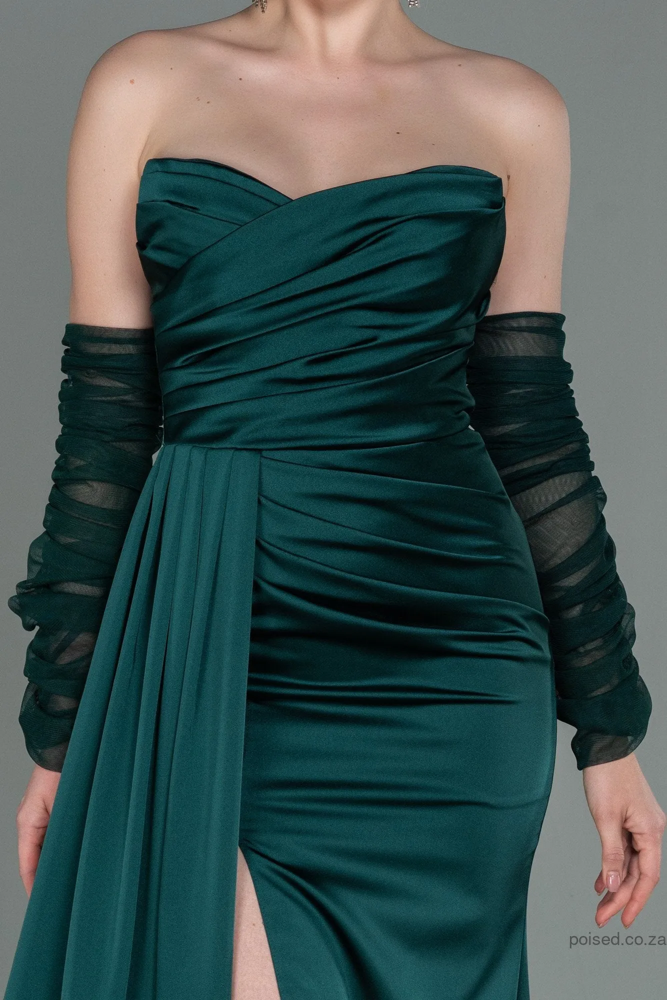 30174 Emerald Green Draped Slit Strapless Dress