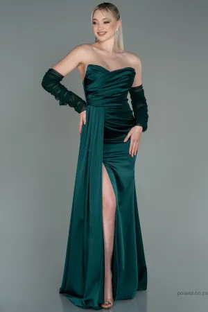 30174 Emerald Green Draped Slit Strapless Dress