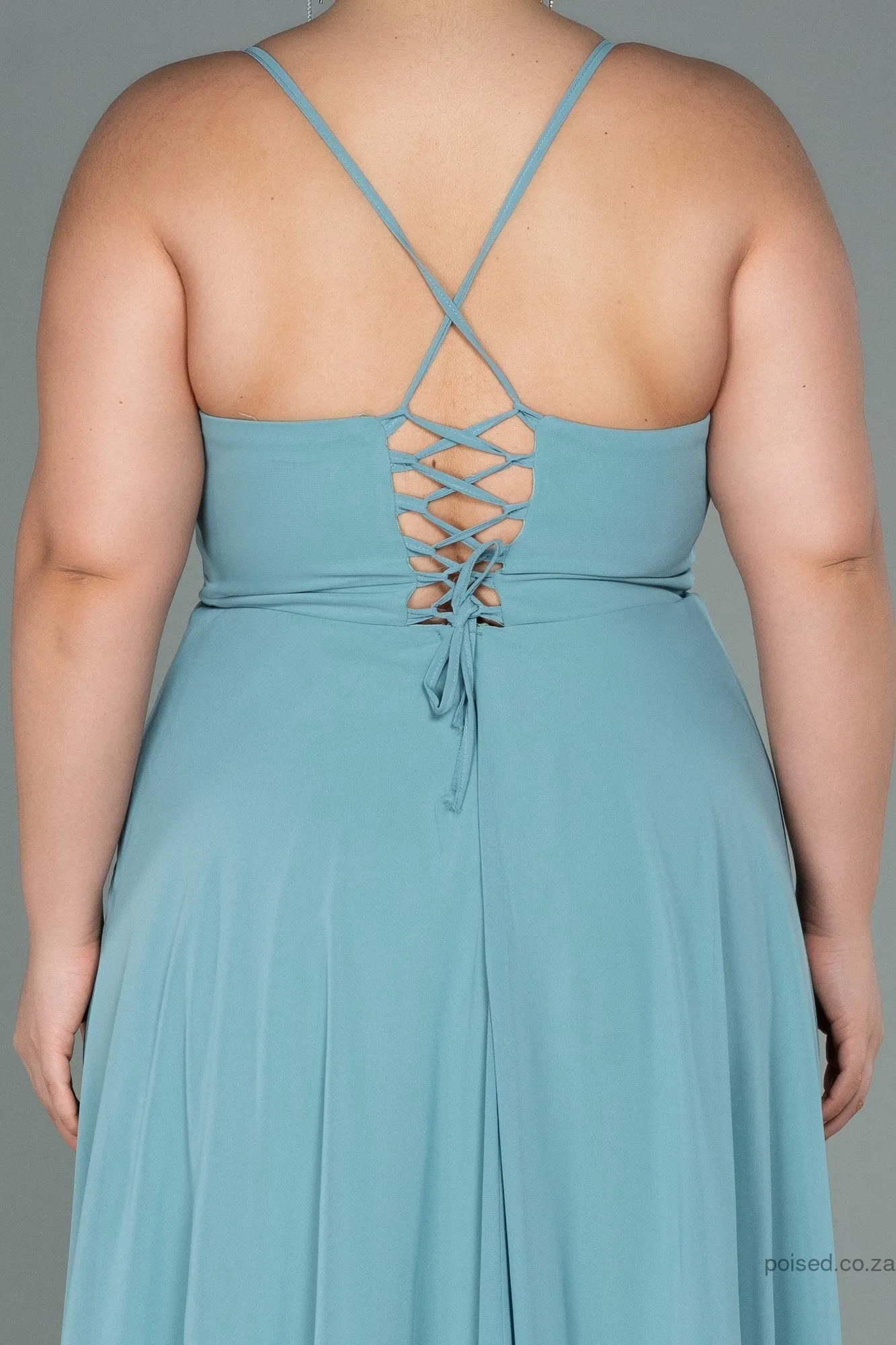 30200 Mint Green Back Cross Strap Slit Chiffon Dress
