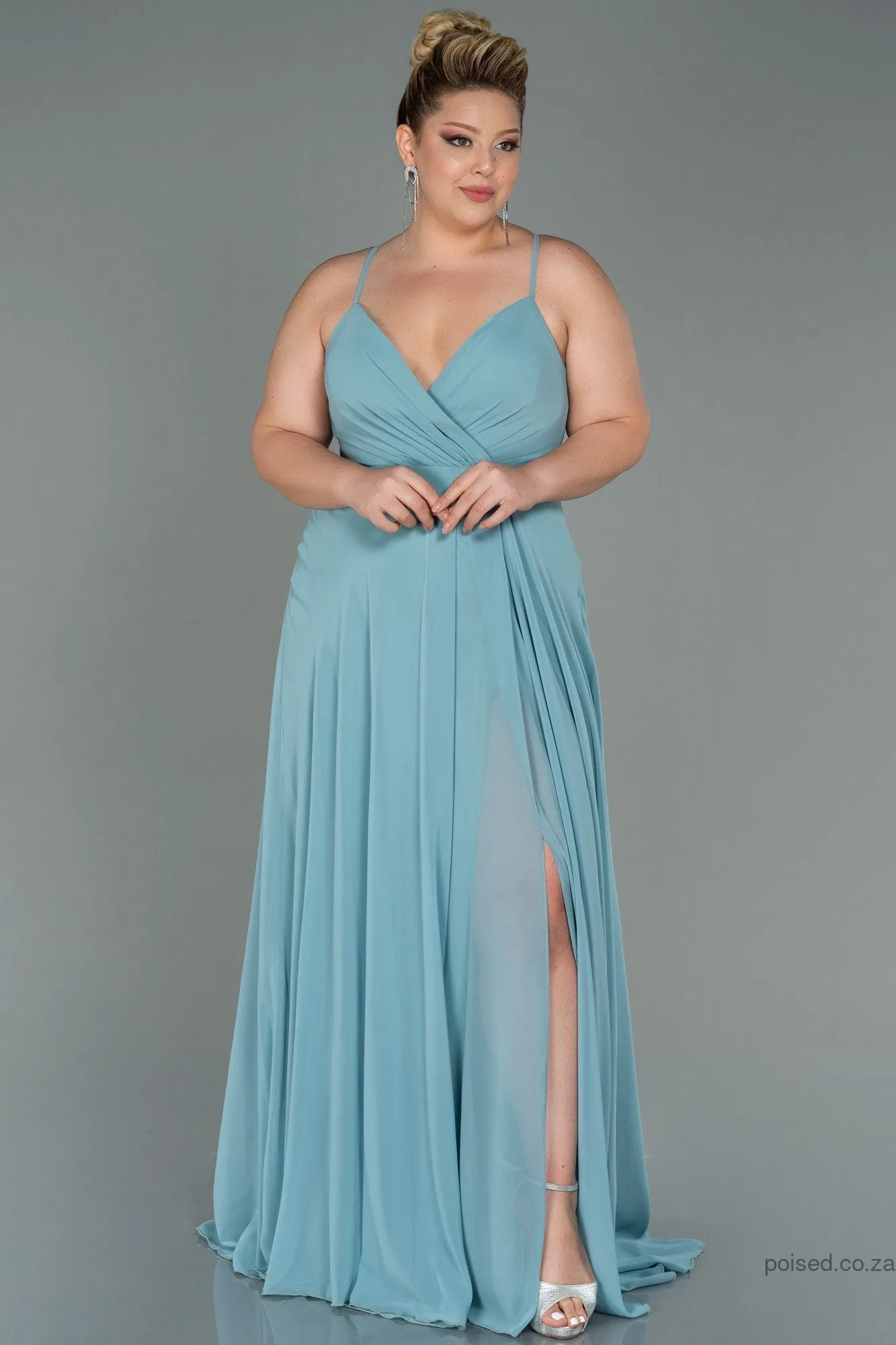 30200 Mint Green Back Cross Strap Slit Chiffon Dress