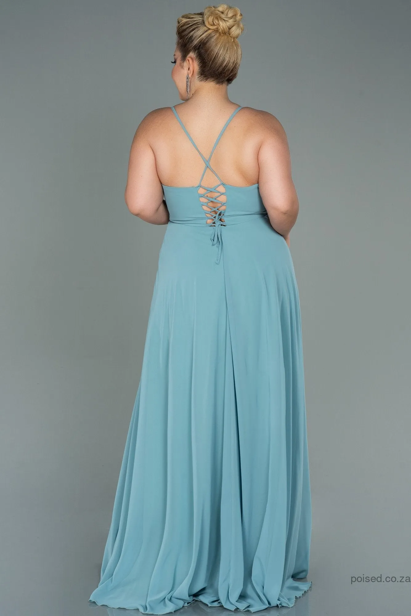 30200 Mint Green Back Cross Strap Slit Chiffon Dress