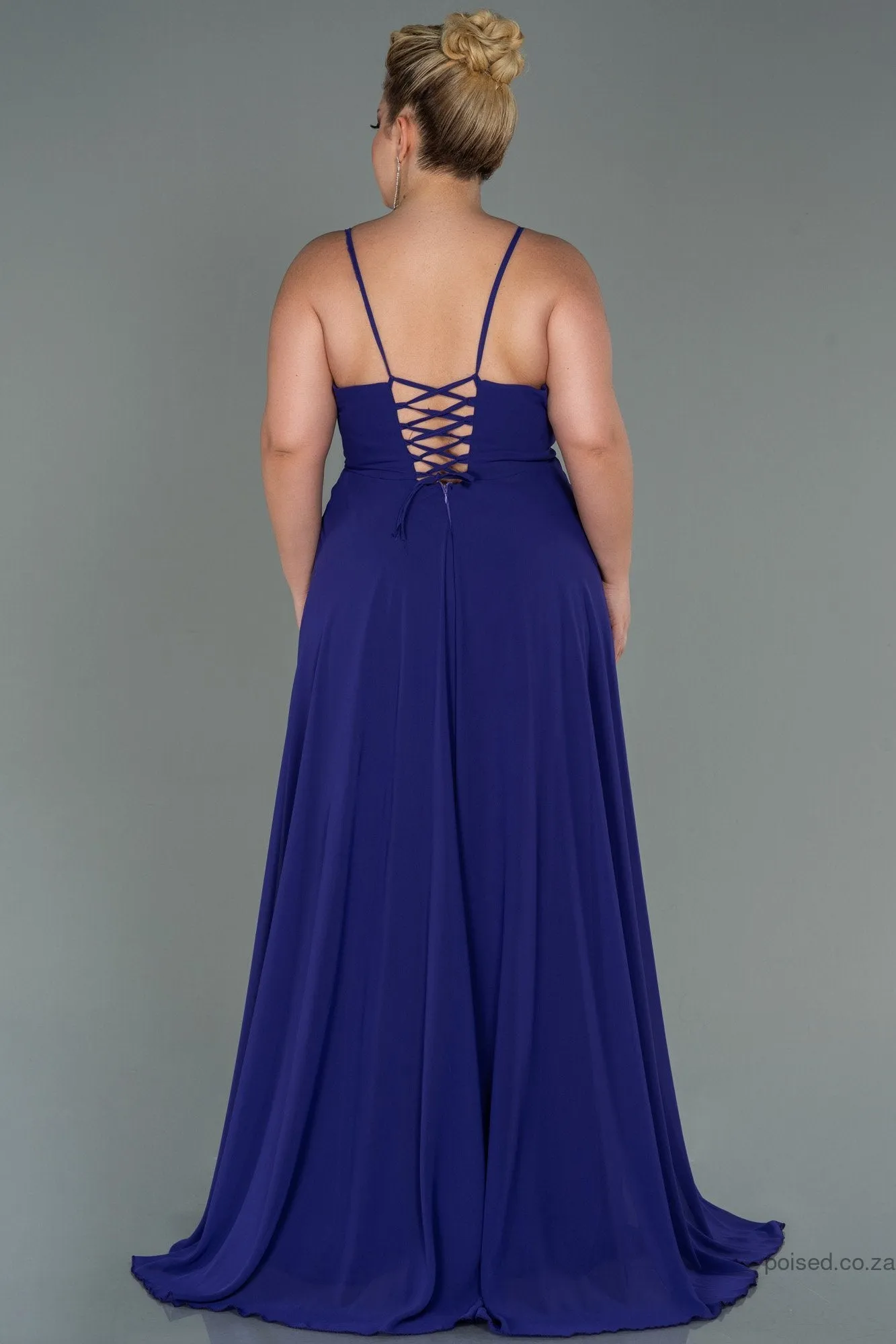 30207 Midnight Blue Back Cross Strap Slit Chiffon Dress
