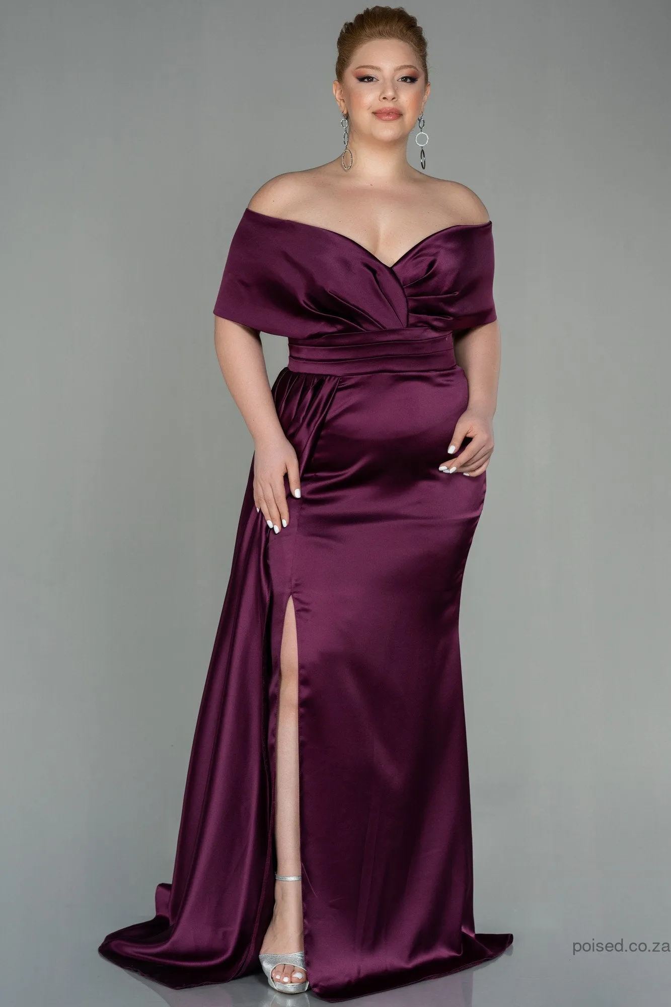 30219 Plum Draped Slit Strapless Satin Dress