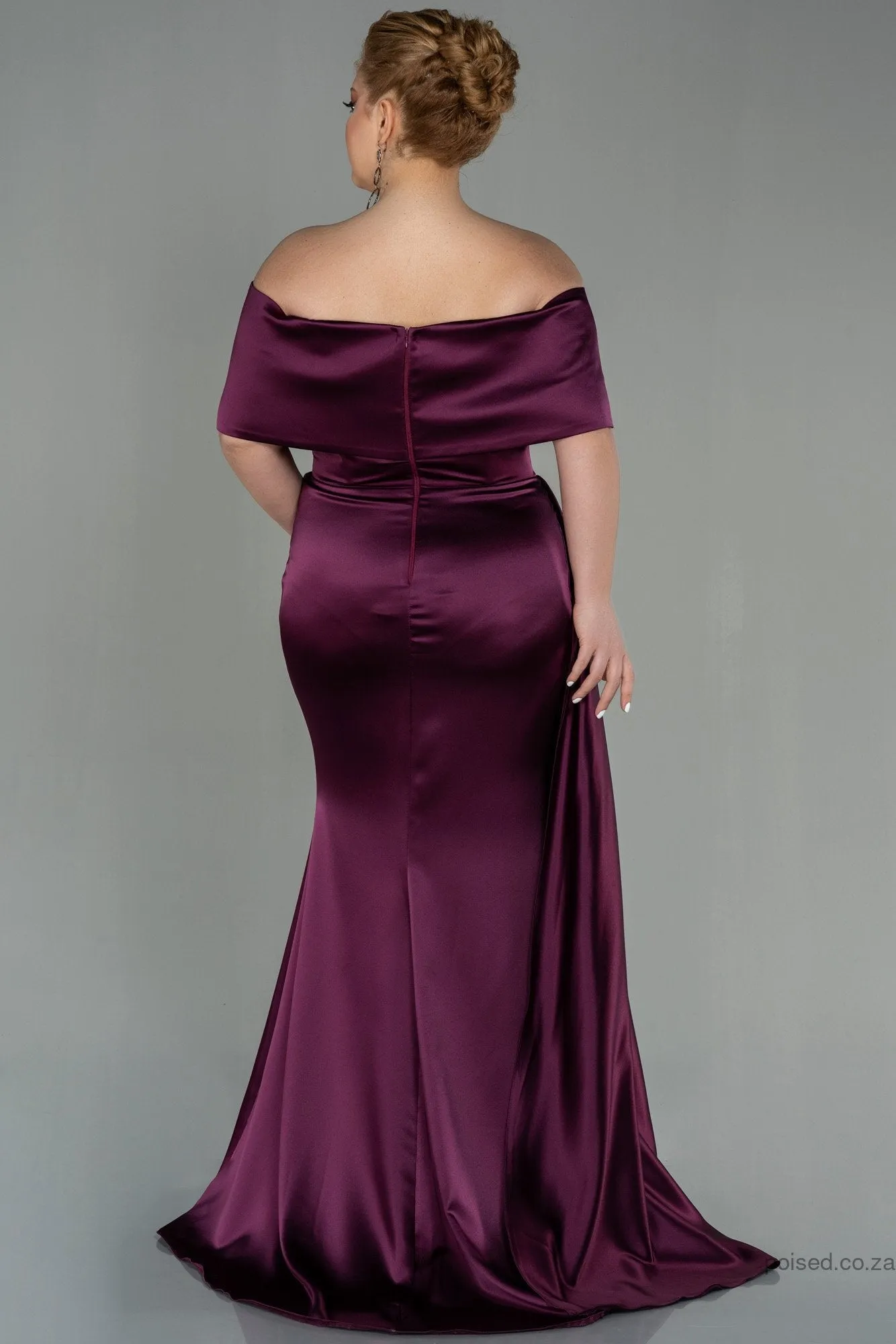 30219 Plum Draped Slit Strapless Satin Dress