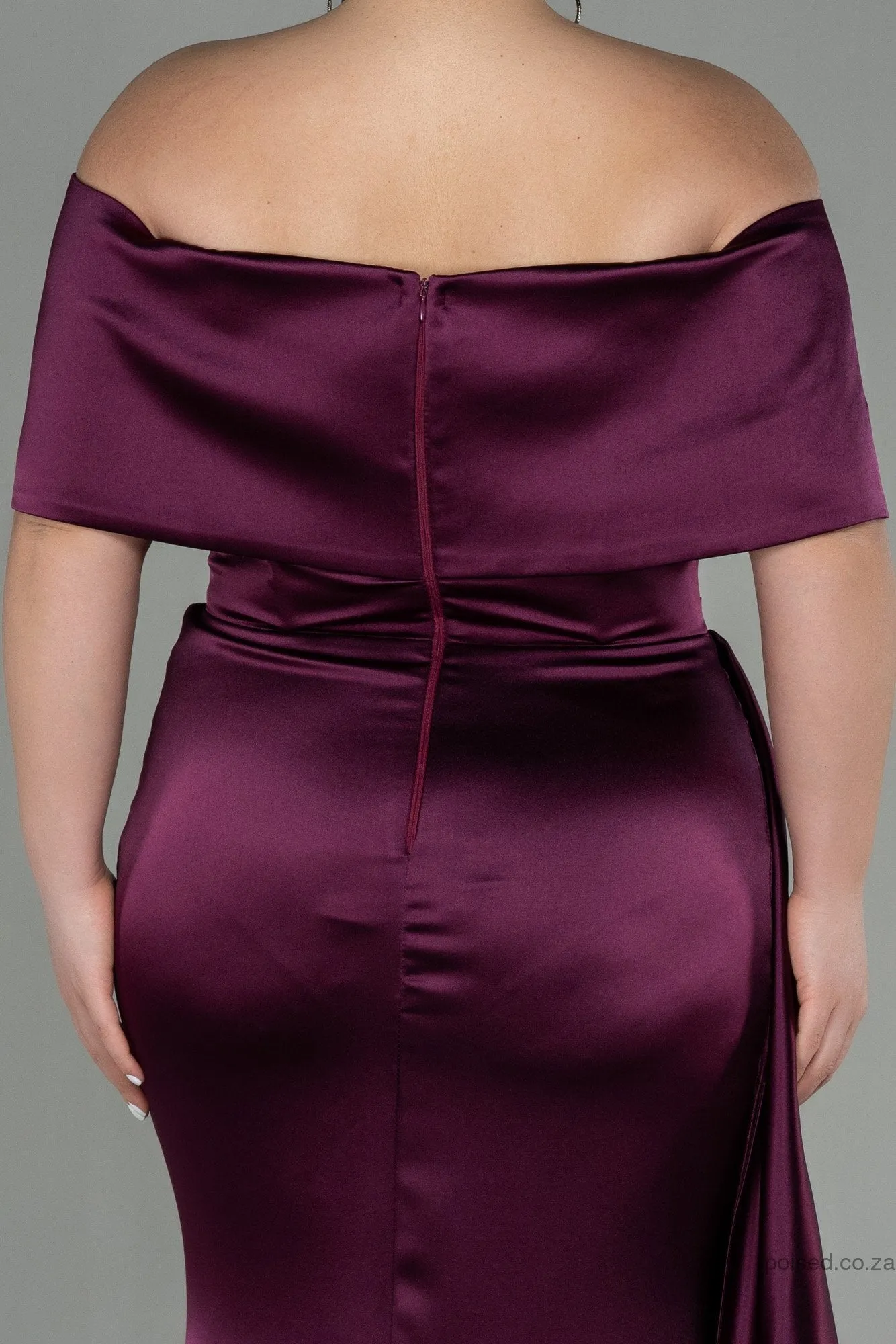 30219 Plum Draped Slit Strapless Satin Dress
