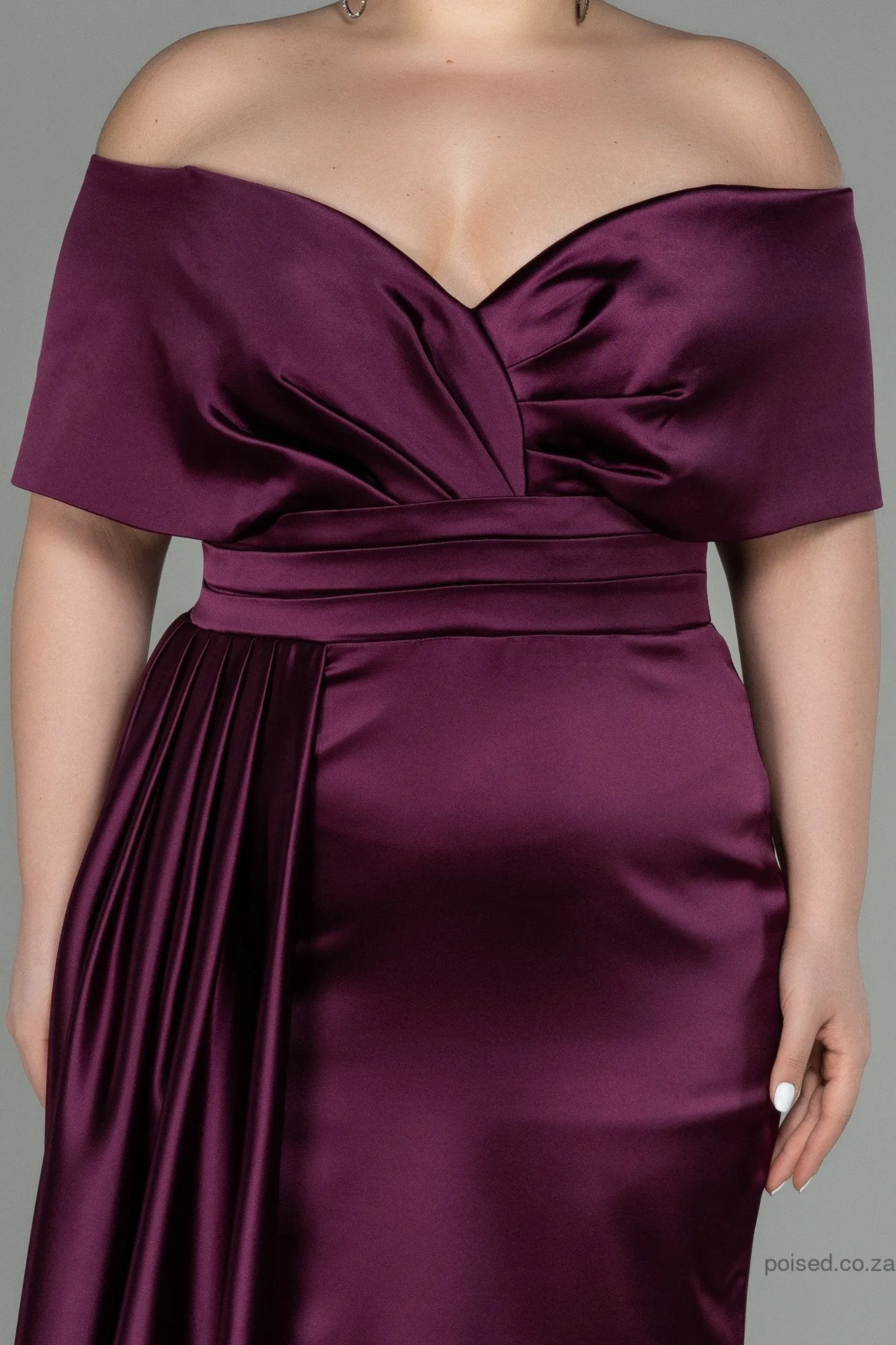 30219 Plum Draped Slit Strapless Satin Dress
