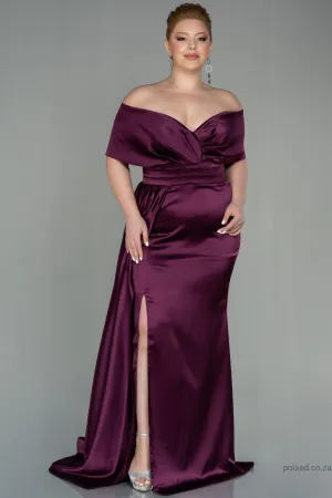30219 Plum Draped Slit Strapless Satin Dress