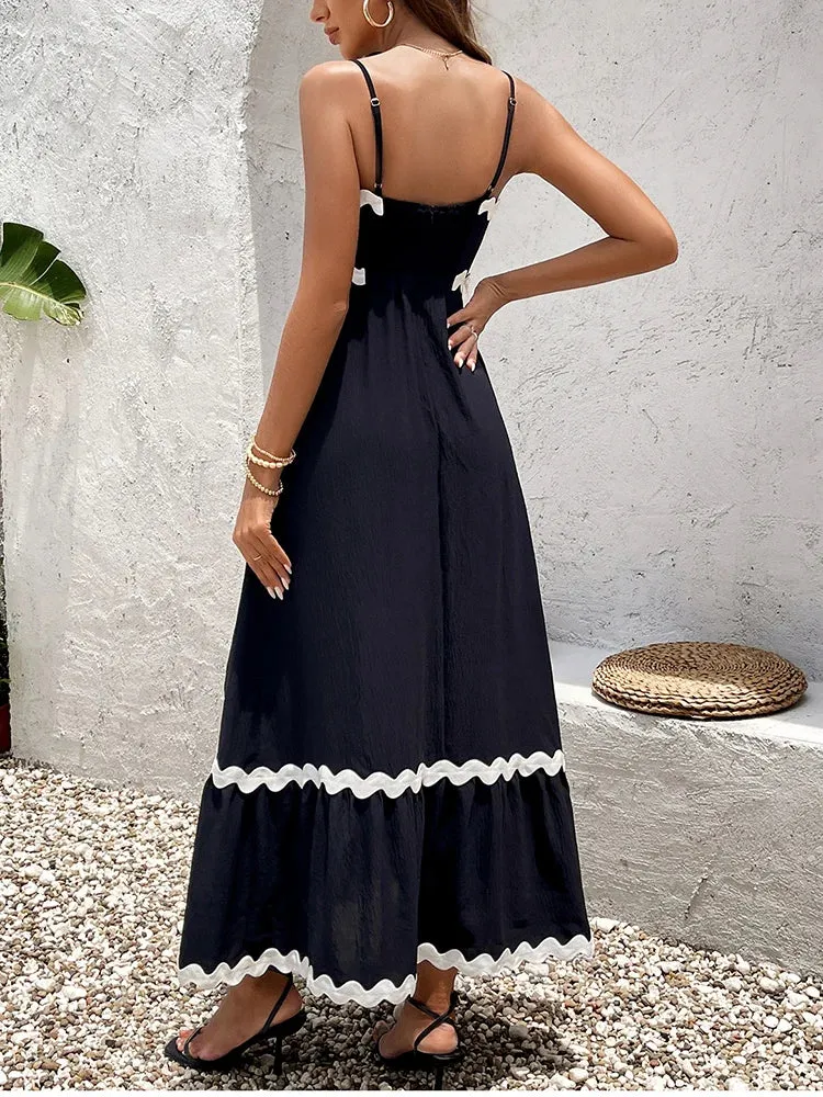 Adjustable Straps Patchwork Ruched Maxi Dress