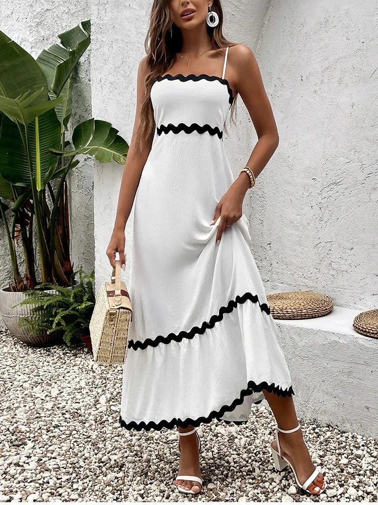 Adjustable Straps Patchwork Ruched Maxi Dress