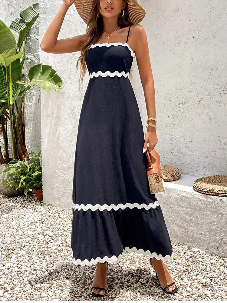 Adjustable Straps Patchwork Ruched Maxi Dress