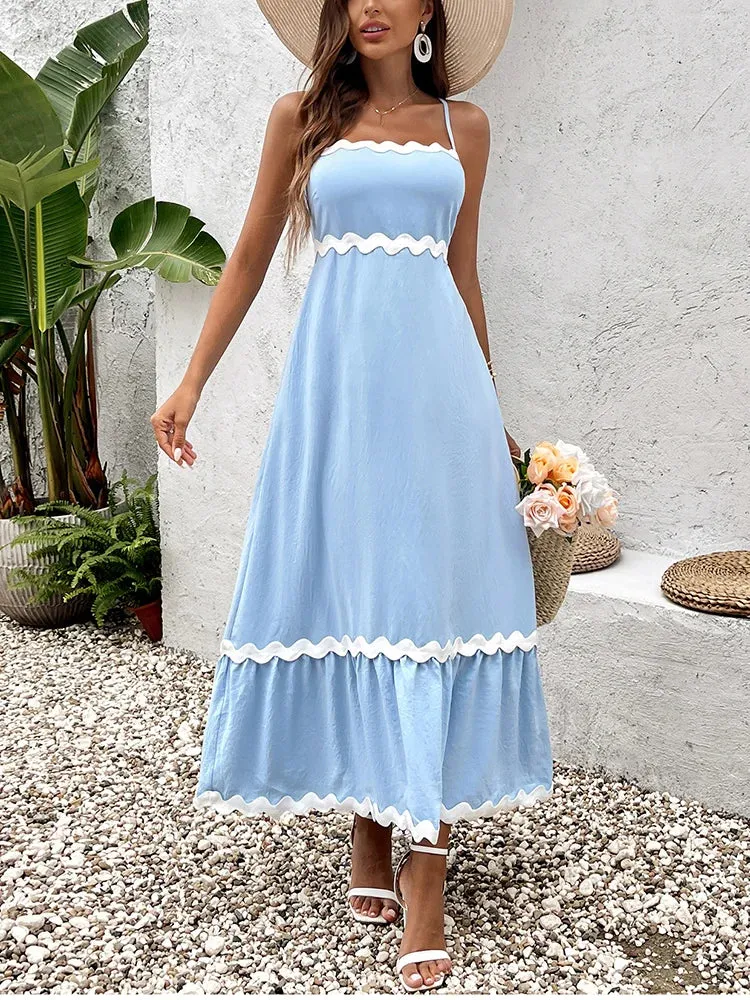 Adjustable Straps Patchwork Ruched Maxi Dress