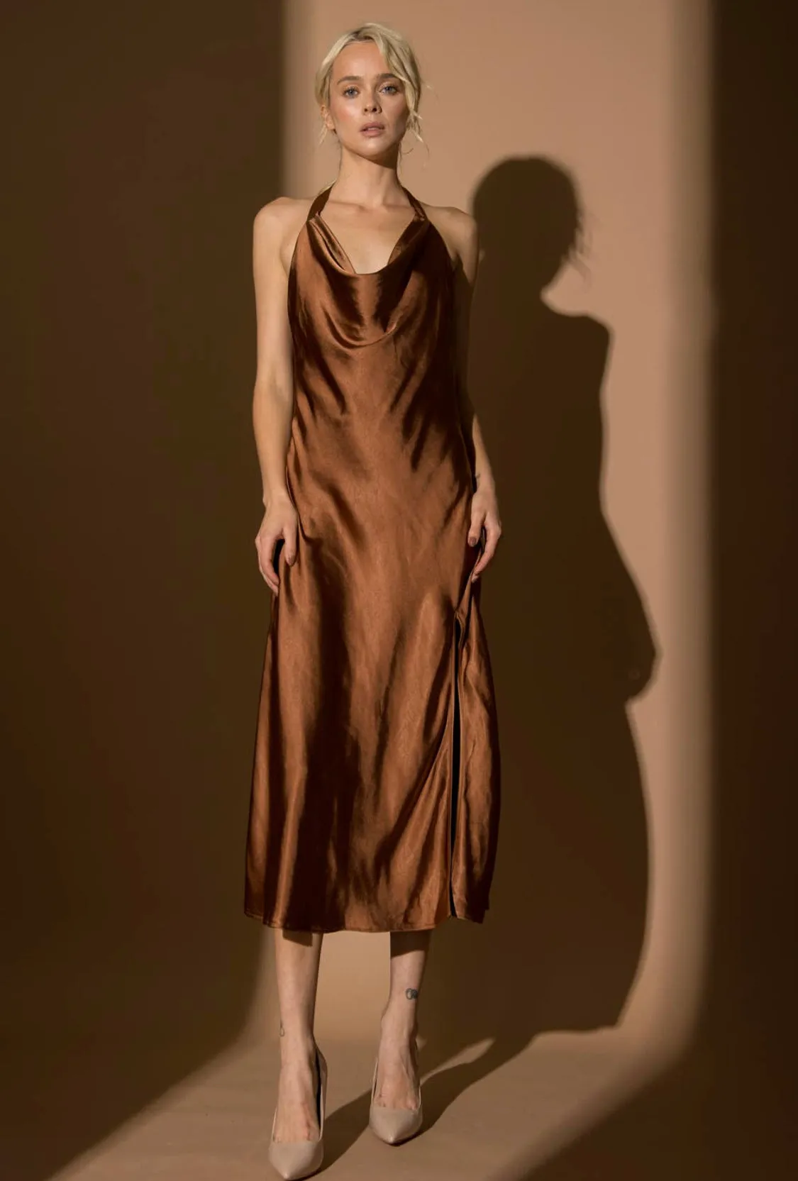 ALICIA SATIN HALTER MIDI DRESS