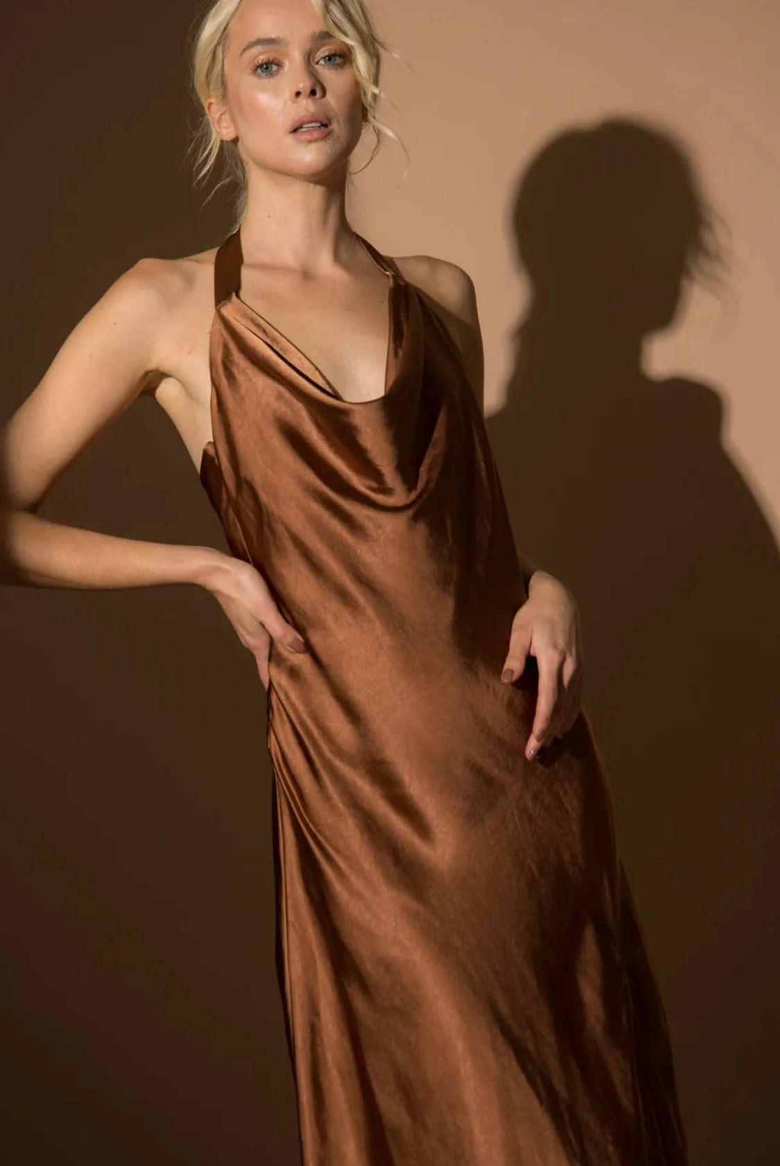 ALICIA SATIN HALTER MIDI DRESS