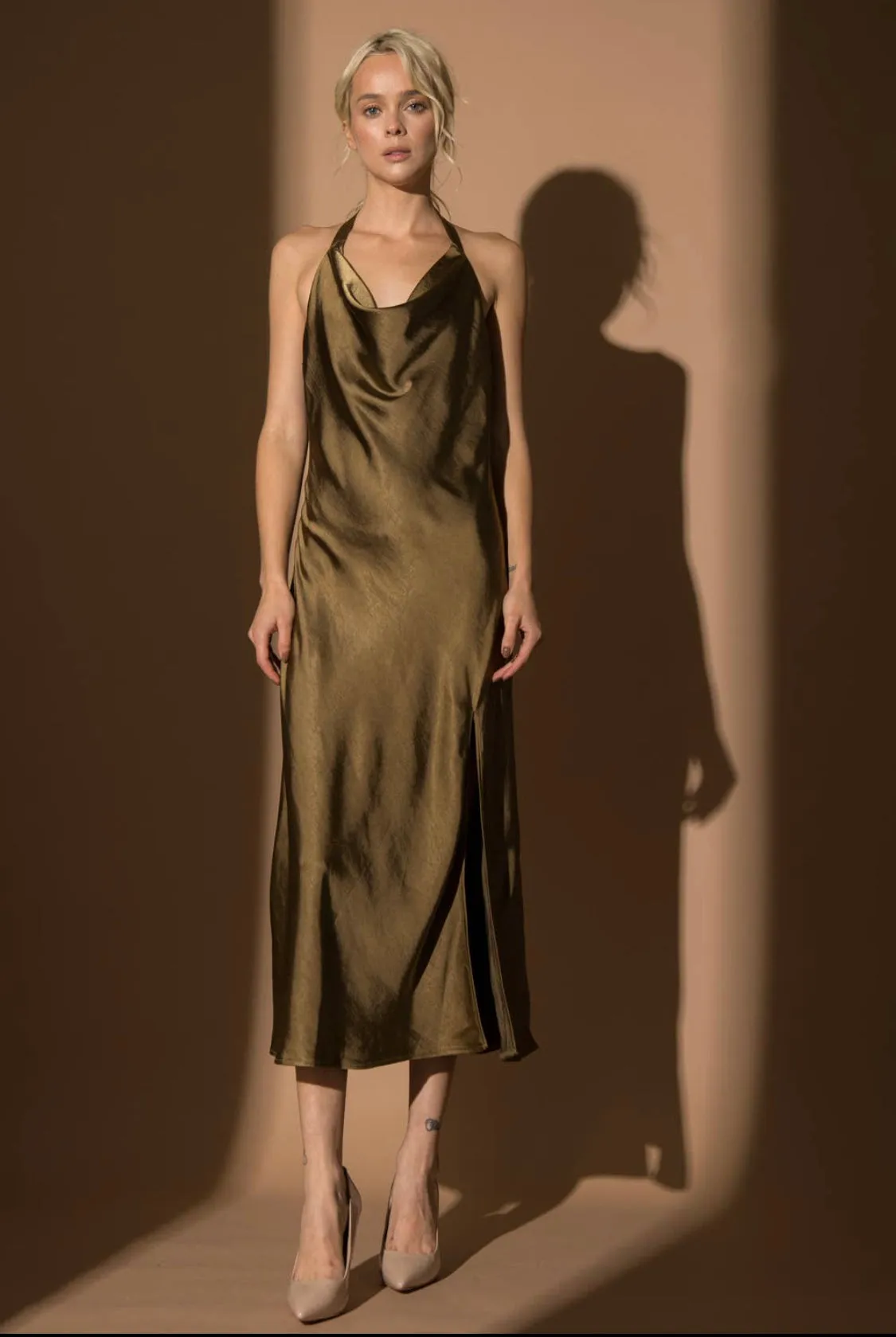 ALICIA SATIN HALTER MIDI DRESS
