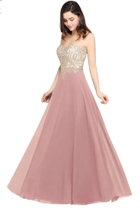Appliques Cheap Long Prom Dresses Dusty Rose Evening Party Gown