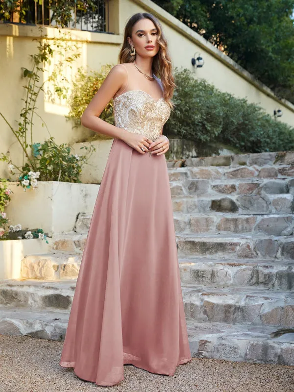 Appliques Cheap Long Prom Dresses Dusty Rose Evening Party Gown