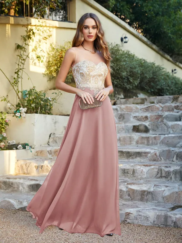 Appliques Cheap Long Prom Dresses Dusty Rose Evening Party Gown