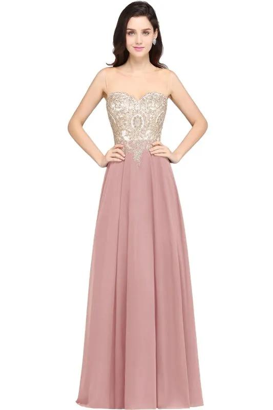 Appliques Cheap Long Prom Dresses Dusty Rose Evening Party Gown