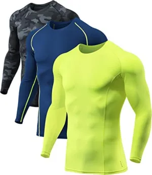 ATHLIO Men's UPF 50  Long Sleeve Compression Shirts, Water Sports Rash Guard Base Layer, Athletic Workout Shirt, 3pack Camo Black/Navy/Neon