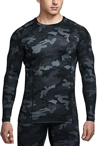 ATHLIO Men's UPF 50  Long Sleeve Compression Shirts, Water Sports Rash Guard Base Layer, Athletic Workout Shirt, 3pack Camo Black/Navy/Neon