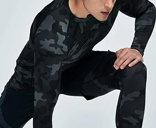 ATHLIO Men's UPF 50  Long Sleeve Compression Shirts, Water Sports Rash Guard Base Layer, Athletic Workout Shirt, 3pack Camo Black/Navy/Neon