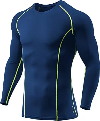 ATHLIO Men's UPF 50  Long Sleeve Compression Shirts, Water Sports Rash Guard Base Layer, Athletic Workout Shirt, 3pack Camo Black/Navy/Neon