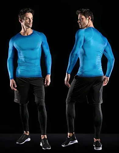 ATHLIO Men's UPF 50  Long Sleeve Compression Shirts, Water Sports Rash Guard Base Layer, Athletic Workout Shirt, 3pack Navy/Blue/Sky