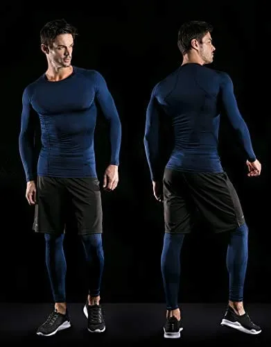 ATHLIO Men's UPF 50  Long Sleeve Compression Shirts, Water Sports Rash Guard Base Layer, Athletic Workout Shirt, 3pack Navy/Blue/Sky