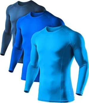 ATHLIO Men's UPF 50  Long Sleeve Compression Shirts, Water Sports Rash Guard Base Layer, Athletic Workout Shirt, 3pack Navy/Blue/Sky