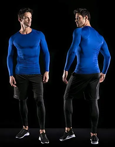 ATHLIO Men's UPF 50  Long Sleeve Compression Shirts, Water Sports Rash Guard Base Layer, Athletic Workout Shirt, 3pack Navy/Blue/Sky
