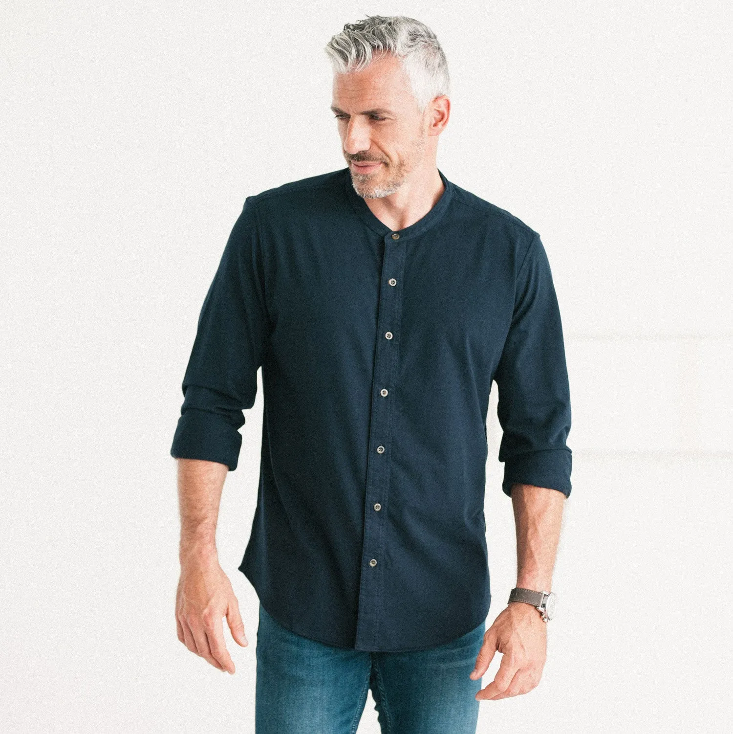 Band Collar T-Shirt Shirt - Dark Navy Cotton Jersey