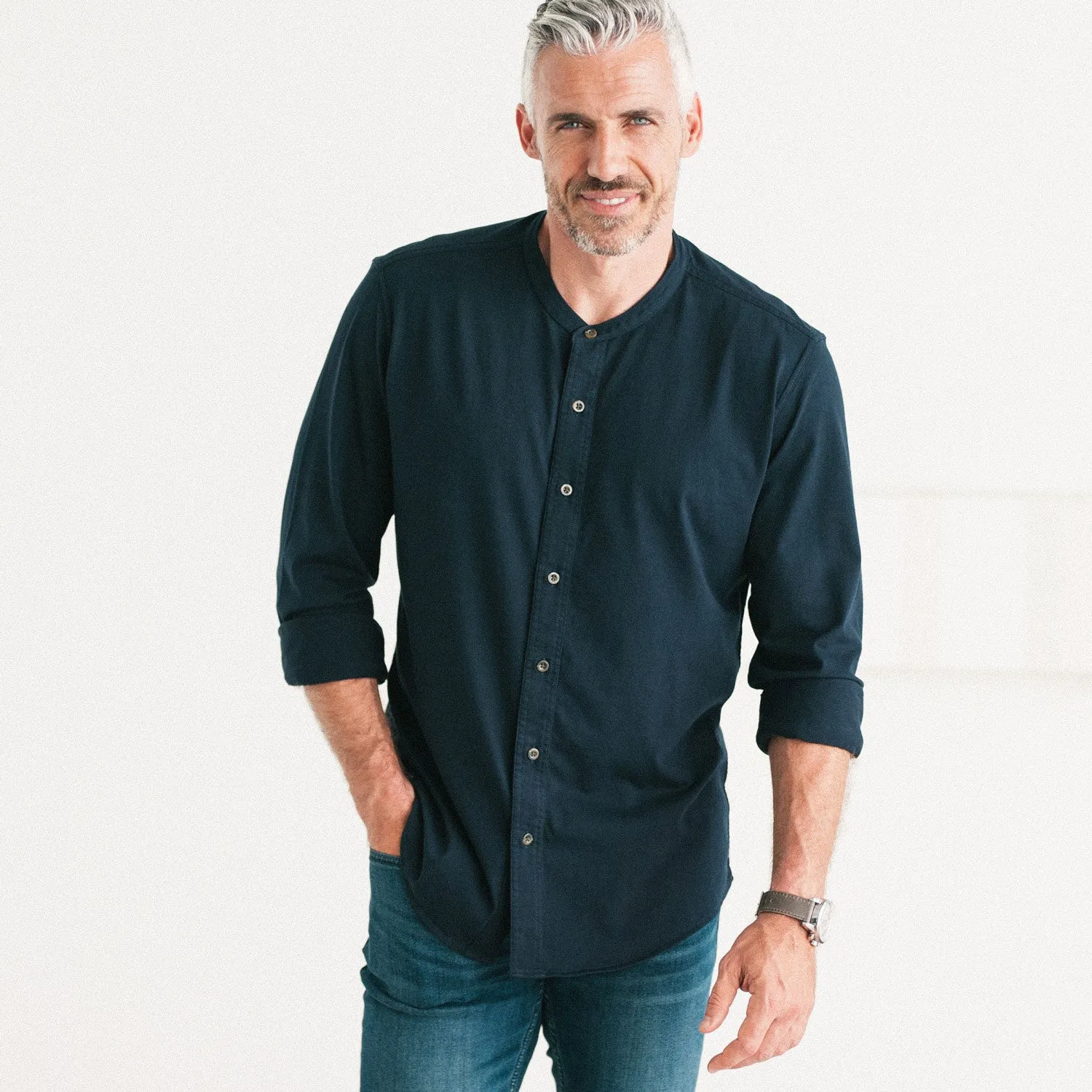 Band Collar T-Shirt Shirt - Dark Navy Cotton Jersey