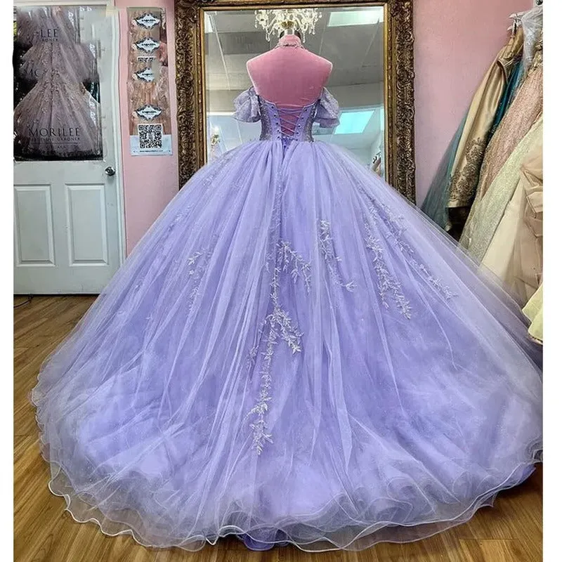 Beading Lavender Tulle Lace-up Back Quinceanera Dresses