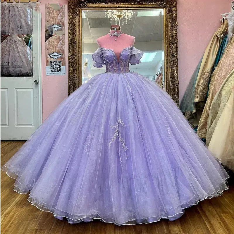 Beading Lavender Tulle Lace-up Back Quinceanera Dresses
