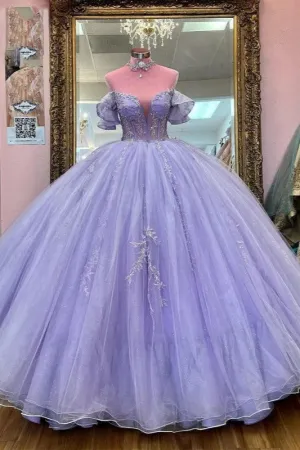 Beading Lavender Tulle Lace-up Back Quinceanera Dresses