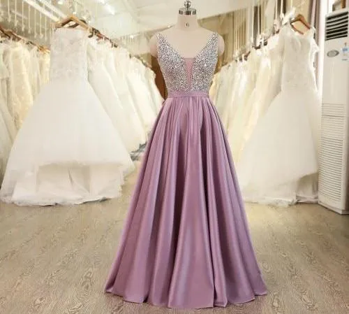 Beads Bodice Open Back A Line Long Evening Dress Party Elegant