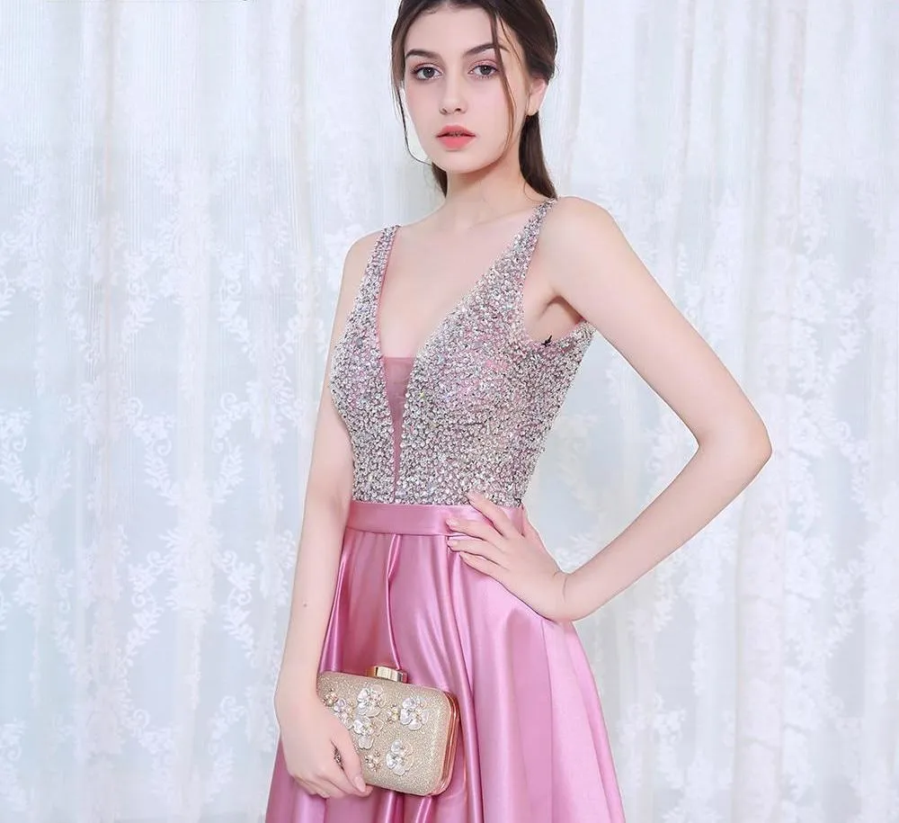 Beads Bodice Open Back A Line Long Evening Dress Party Elegant