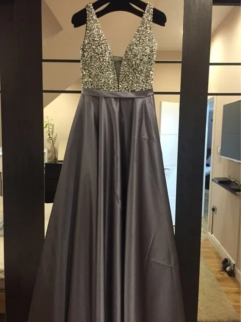 Beads Bodice Open Back A Line Long Evening Dress Party Elegant