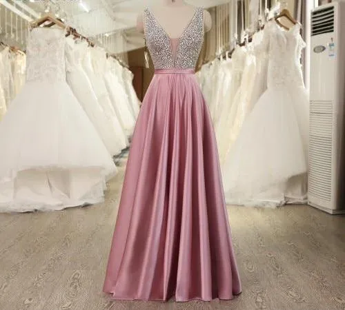 Beads Bodice Open Back A Line Long Evening Dress Party Elegant