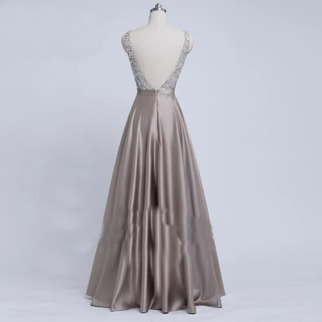 Beads Bodice Open Back A Line Long Evening Dress Party Elegant