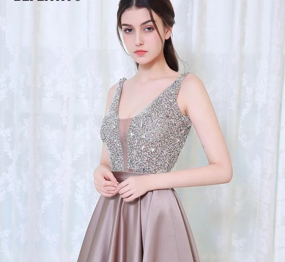 Beads Bodice Open Back A Line Long Evening Dress Party Elegant