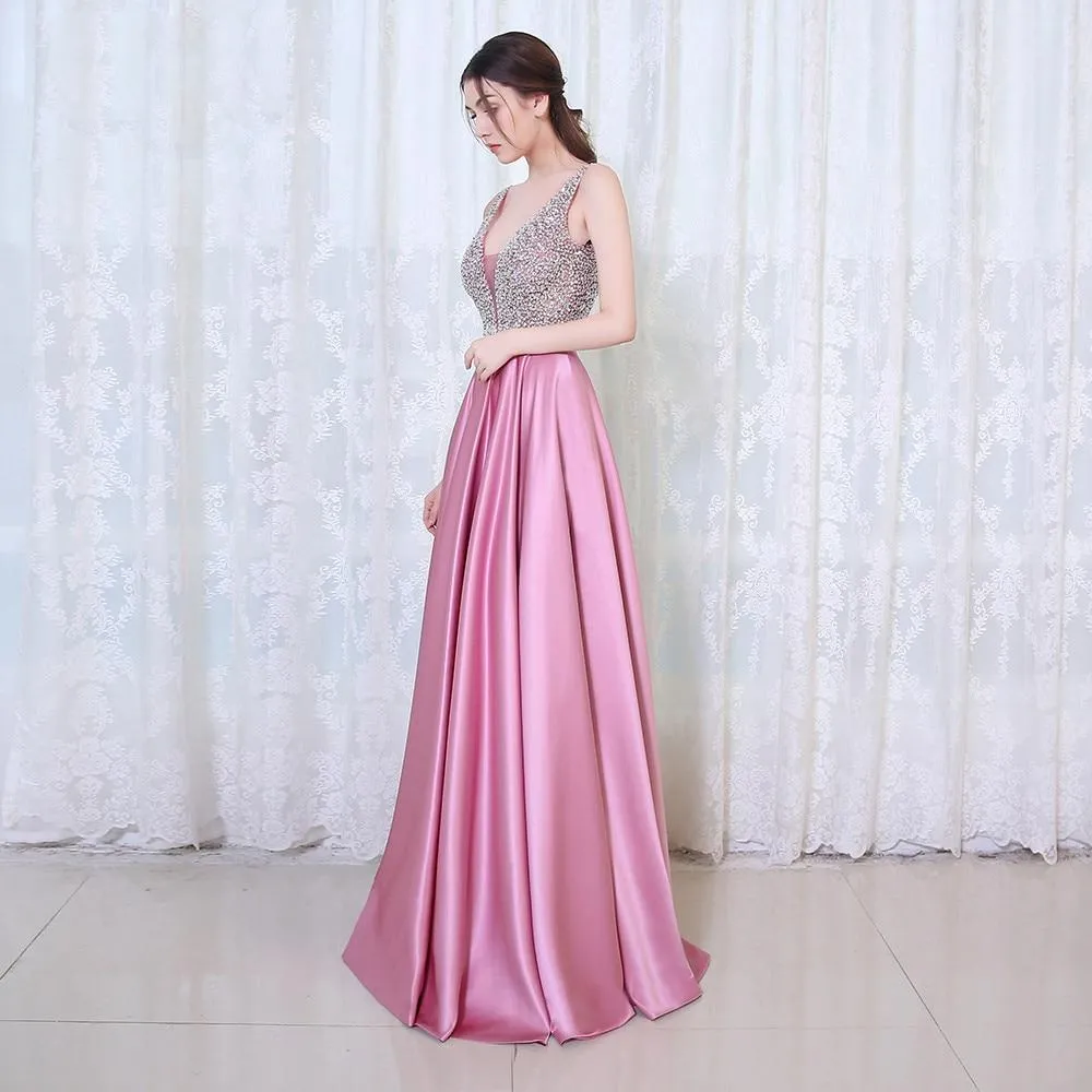 Beads Bodice Open Back A Line Long Evening Dress Party Elegant