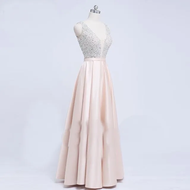 Beads Bodice Open Back A Line Long Evening Dress Party Elegant