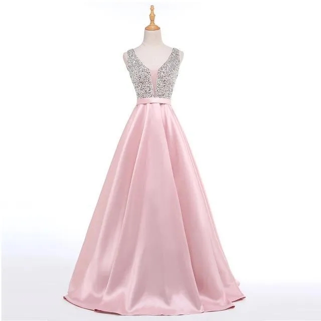 Beads Bodice Open Back A Line Long Evening Dress Party Elegant