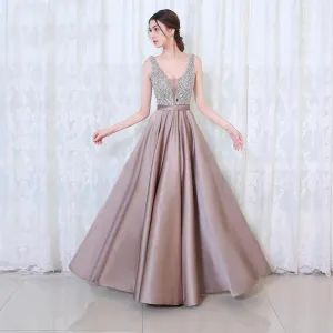 Beads Bodice Open Back A Line Long Evening Dress Party Elegant