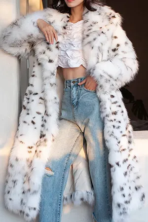 BerryBetty - White Printed Open Front Long Faux Fur Women Coat